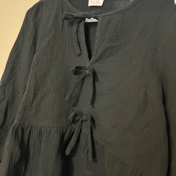 Pink Lily Black Boxy Blouse with Tie Front and Mandarin Collar - Image 2