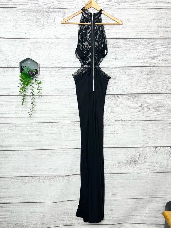Sheer Black Lace Halter Neck Open Back High Slit Maxi Evening Gown Size Small - Image 14