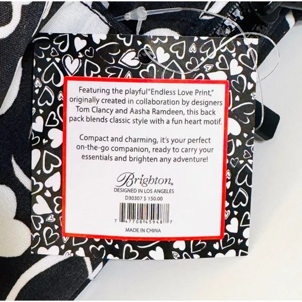Brighton Endless‎ Love Backpack Black White Heart Print Tom Clancy D30307 NEW - Image 2