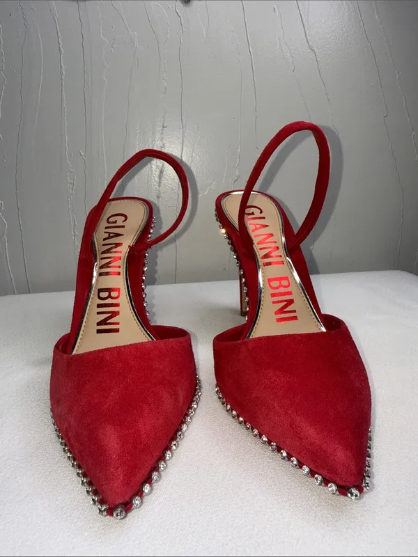 Gianni Bini red suede rhinestones-trimmed slingback pumps - Image 3