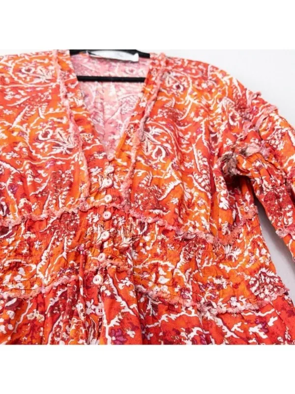 IRO Rhodey Frayed Ruffle Trim Crepe Playsuit 44 Red Romper Floral 12 Loose Fit - Image 8