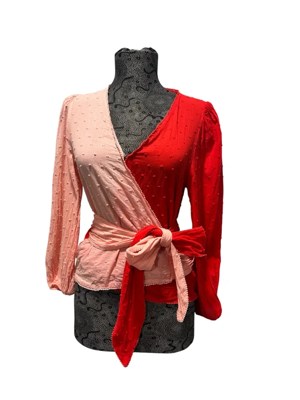 Anthropologie Farm Rio Wrap Blouse Swiss Dot, XS Pink red long sleeves - Image 2