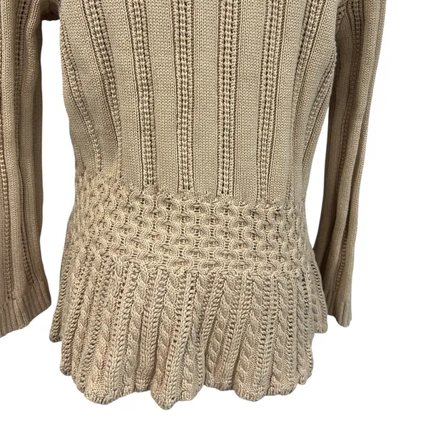 Chaps Petite Cable Knit Peplum Cardigan Boho 100% Cotton Shawl Collar Tan P/L - Image 6