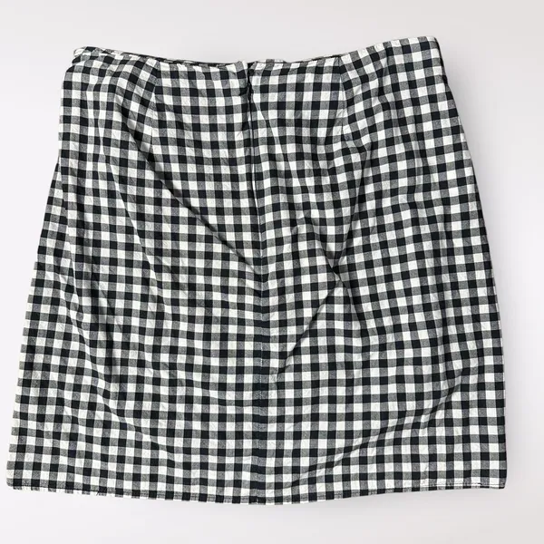 Loft Navy Blue Gingham Cotton Faux Wrap Preppy Casual Summer Mini Skirt‎ Size 8 - Image 3