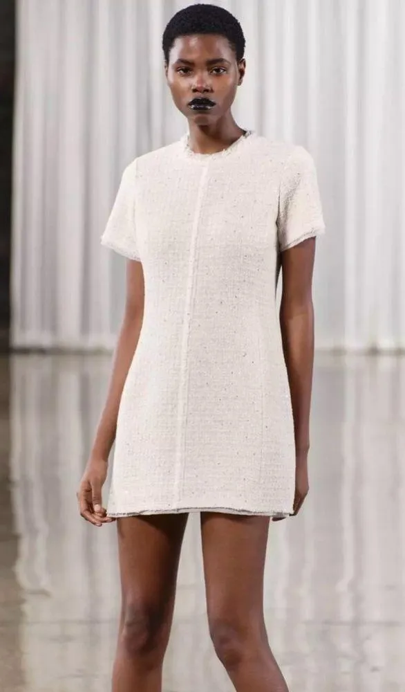 NWT❗️ZARA Elegant White Tweed Short Cutted Dress ZW Collection Mini Ivory Size M - Image 13