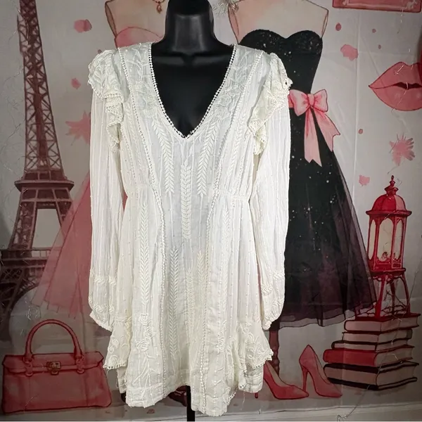 Free People White Embroidered Boho Mini Dress with Long Sleeves - Image 3