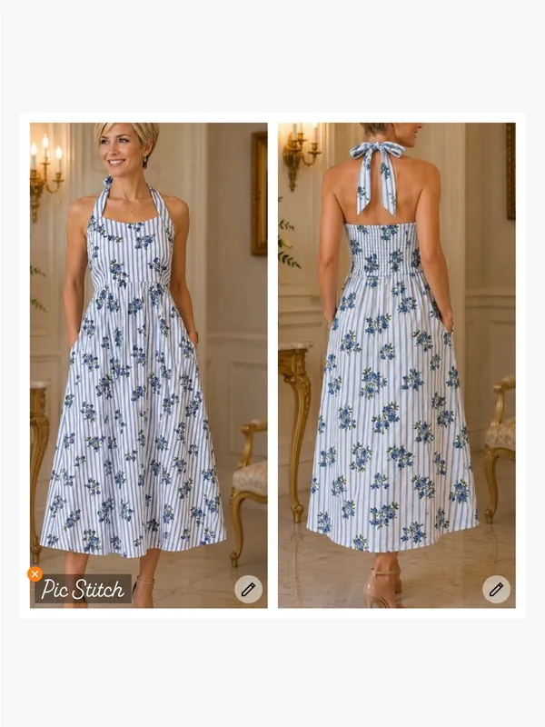 Laura Ashley Striped Floral Halter Midi/Maxi Dress - Image 2