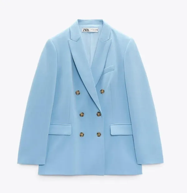ZARA blazer suit jacket double breasted relaxed long baby blue - Image 3