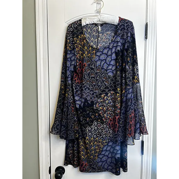 MSK Blue Paisley Flared Bell Sleeve Shift Dress Boho Floral Womens M/L READ - Image 2