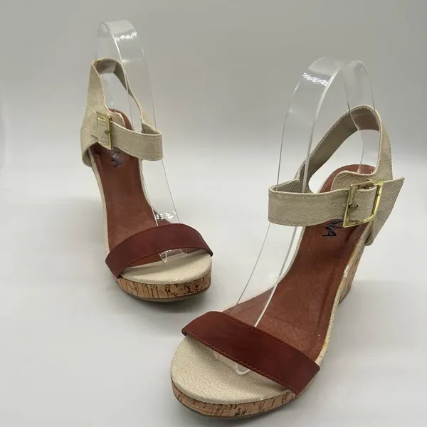 Diviana Sandal Womens Brown Cream‎ 8 Ankle Strap Open Toe Wedge Sandal NEW - Image 4