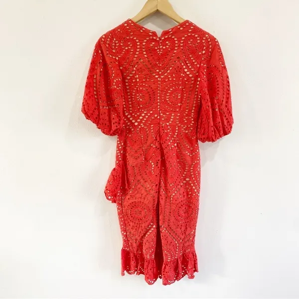 Jarlo NWT Anika Orange Eyelet Cocktail Dress Puff Sleeve Ruffle‎ Hem Sz 0 - Image 3
