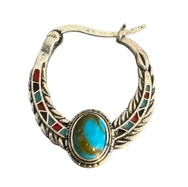 Vintage Silver Tone Hoop Earrings Faux Turquoise Enamel Southwestern Estate 1" - Image 2