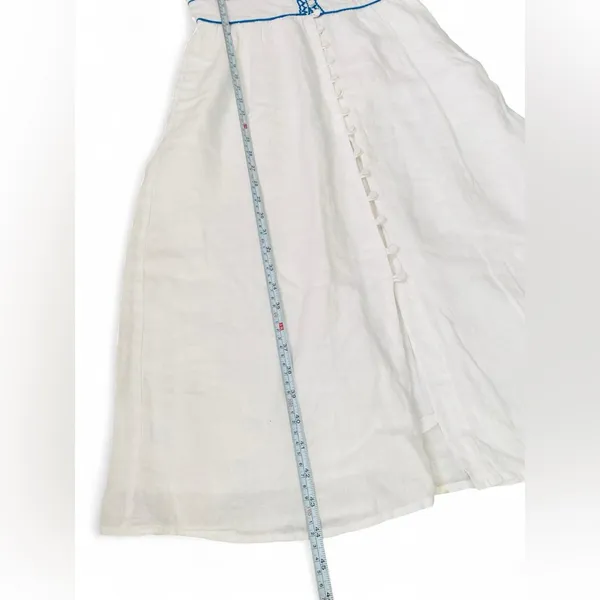 J.Crew White 100% Linen Embroidered Midi Dress Blue Ric Rac Button Front Size 2 - Image 7