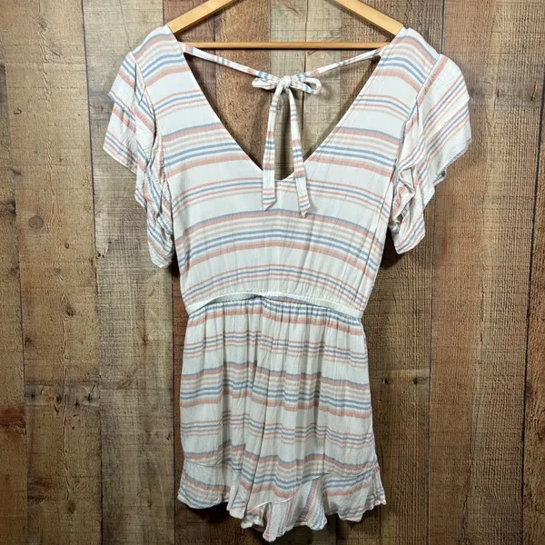 American Eagle Small Striped Romper Ruffle Sleeve Tie Back Jumper V-Neck S - Image 6