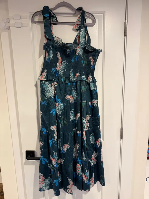 Rebecca Taylor Hydrangea Floral Smocked Tie Shoulder Midi Dress Large Cotton - Image 5