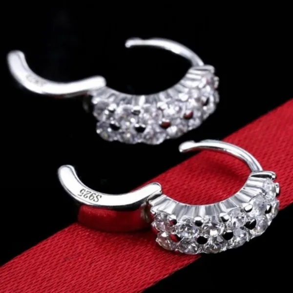 925 Silver Plated Double Row CZ Diamond Silver Hoop Earrings for Women - Image 3