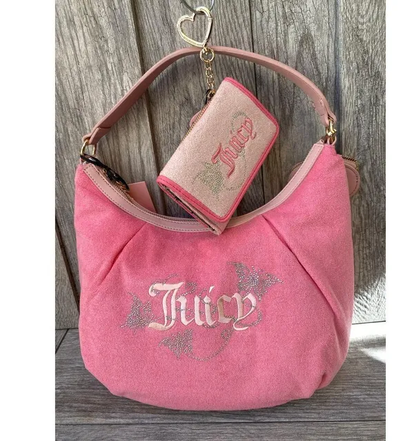 Juicy Couture Pink Terry Hobo Bag Set | Rhinestone Butterfly Logo - Image 4