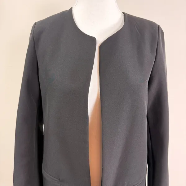 Lulus Womens Black Peplum Ruffle Hem Open Front Collarless Longline Blazer Small - Image 4