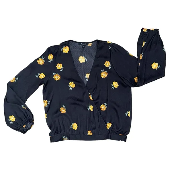 Madewell Bubble-Sleeve Black Wrap Top with Yellow Gold Floating Florets S - Image 9