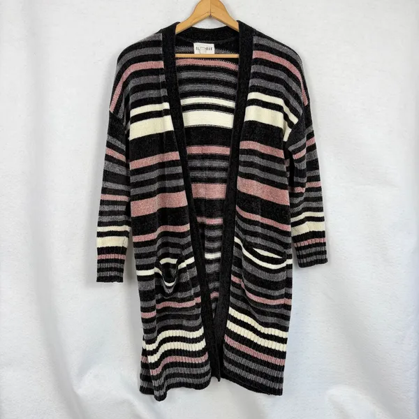 Olive + Oak Chenille Longline Cardigan Womens Medium Striped Grey Pink Cream - Image 6
