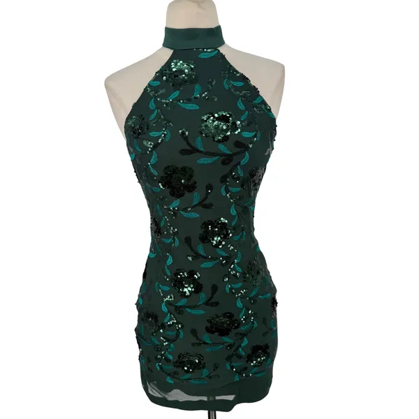 NWT Lulus Emerald Green Sequin Floral Halter Backless Mini Dress Size Small - Image 4