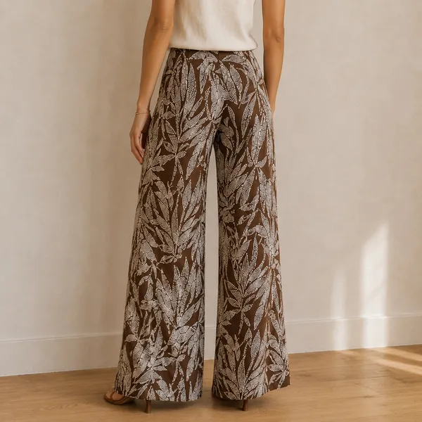 DeFacto 100% Viscose Chocolate Brown Botanical Wide Leg Pants Small Boho Resort - Image 3
