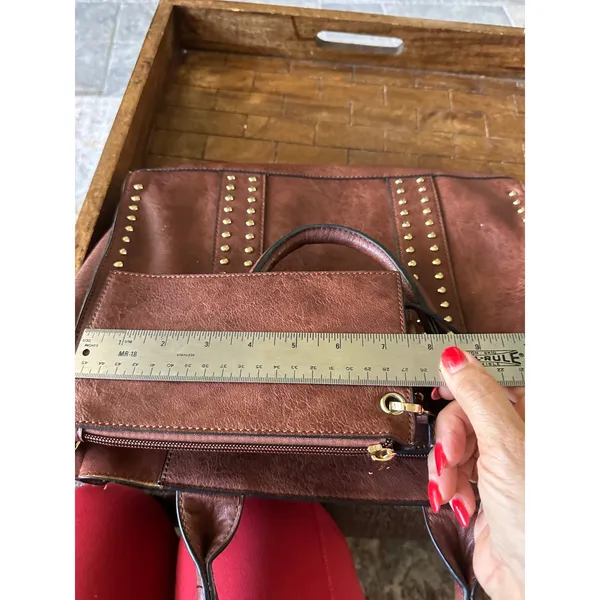 Dasein Brown Vegan Leather Studded Tote Bag Satchel with Matching Pouch Gold EUC - Image 4
