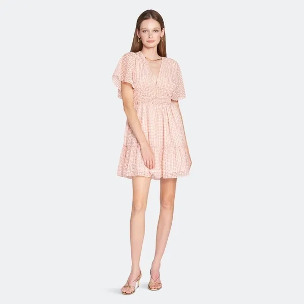 En Saison Caldera Gingham V Neck Tiered Mini Dress Coral Pink Small NWT - Image 2