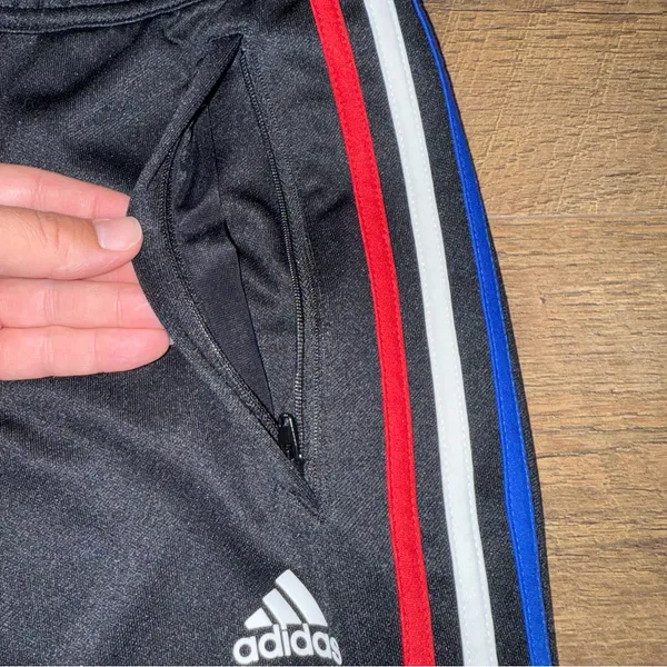 Adidas Black Track Pants with Red, White, and Blue Accents and Pockets - Image 5