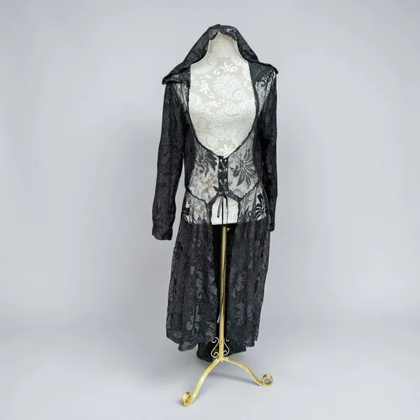 Whimsigoth Witchy Goth Hooded Sheer Lace Maxi Duster Cardigan Black Victorian M - Image 13