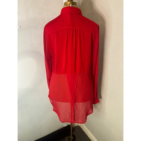 Free People Sheer Button Down Red Blouse M Cherry Girl Boho Coquette Holiday - Image 2