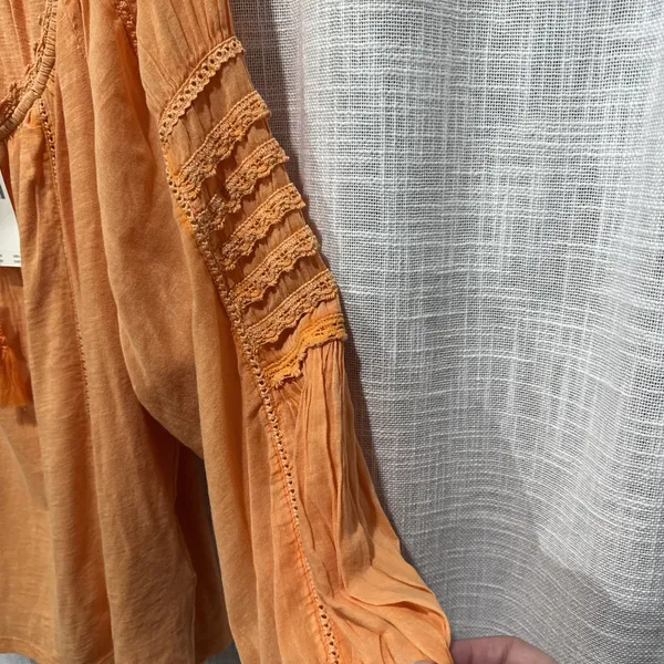 Anthropologie Peasant Blouse Crochet Trim Long Sleeve Boho Mango Top M - Image 3