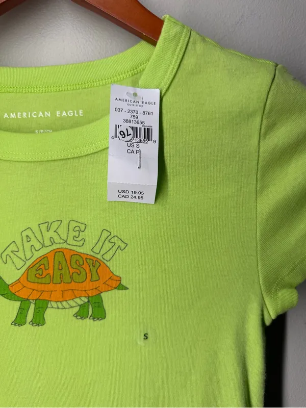 American Eagle Take It Easy Turtle‎ Graphic Baby Tee Neon Green Y2K Fitted Top - Image 3