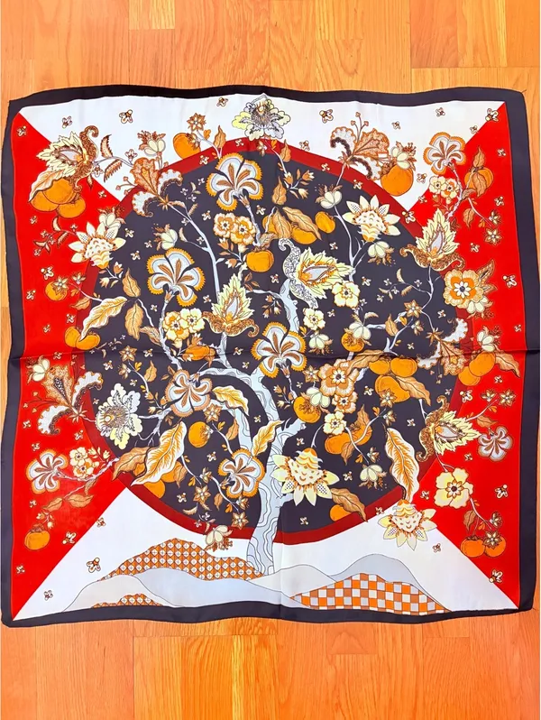 Elegant Floral Satin Polyester Square Scarf in Red, Black, White, and Brown – - Image 3
