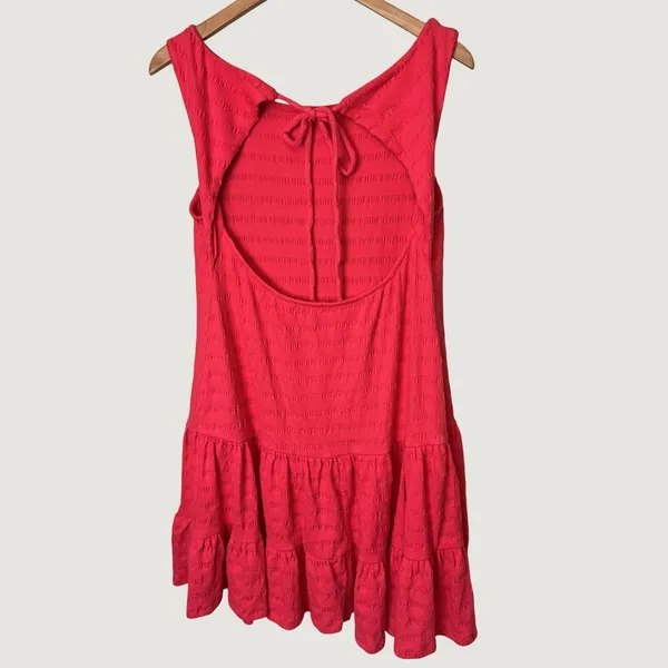 Anthropologie Open Back Tiered Mini Dress Coral Pink Textured Stripe Large - Image 4