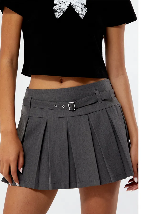 Zara Grey Belted Pleated Mini Skirt   - Image 4