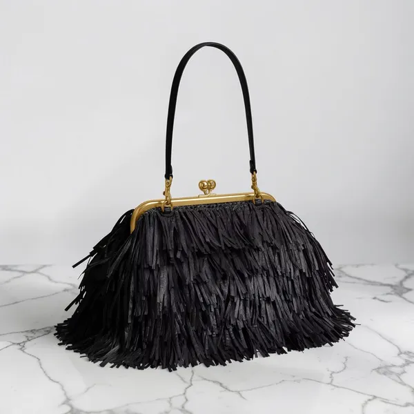 COACH Kisslock Frame Bag 27 Black Straw Leather Fringe Handbag CEN92 B4/BK NWT - Image 2