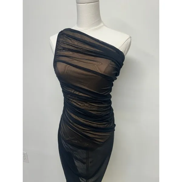Norma Kamali‎ Diana Gown Black Sheer Mesh Ruched One Shoulder Dress Small - Image 3