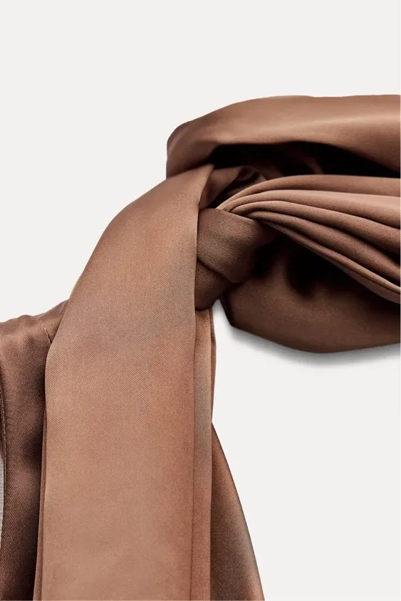 Zara maxi halter scarf satin plunge neck Brown Evening Wedding - Image 12