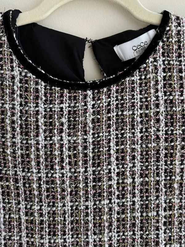 CeCe Tweed Shift Dress with Patch Pockets, Black/Pink/Gold/White, Size 4 - Image 14