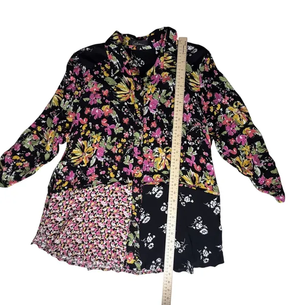 Calessa Floral Patchwork Button Down Shirt Large Multicolor Boho Maximalist Black - Image 10