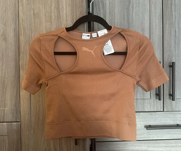 Puma ‘Dare To’ Cropped Tee with Cut Out Short Sleeves in Mushroom Brown - Image 2
