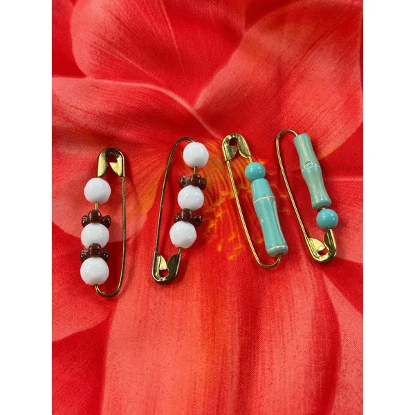 Vintage‎ Beaded Safety Pin Brooch Set Turquoise Faux Bamboo White Brown 4pc - Image 2