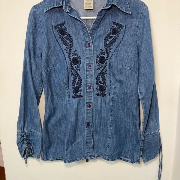 VTG Faded Glory Denim Embroidered Top Womens Small Blue Corset Back Boho Western - Image 10