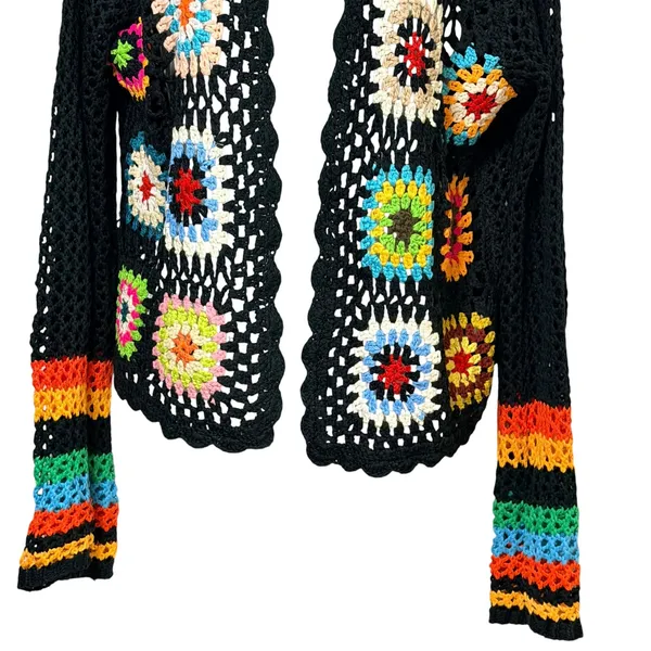Womens Black Crochet Granny Square Open Front Cardigan Multi Color Boho Size L - Image 4