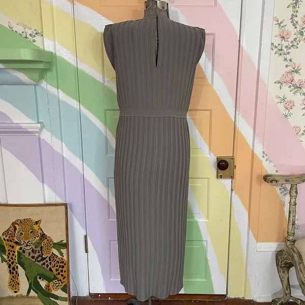 Club Monaco Fossil Green Micro Pleated Column Midi Dress Banded Waist Sz 00 💚🎀 - Image 8