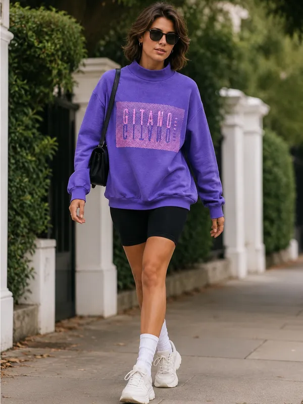 Vintage 90s Gitano Mock Neck Sweatshirt Purple Spellout Graphic Streetwear OS - Image 3