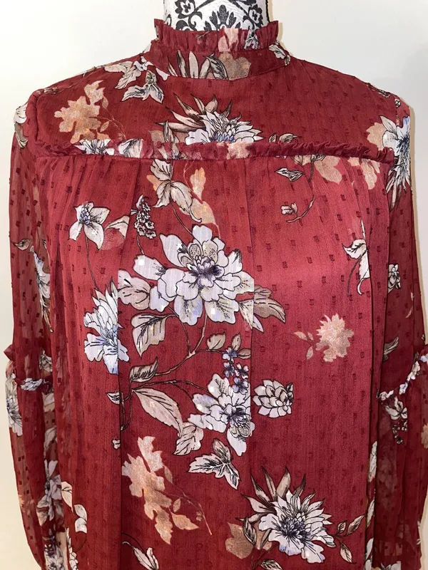 Japna Red Floral Boho Semi Sheer Ruffle Neck Long Sleeve Shift Dress Size Small - Image 3