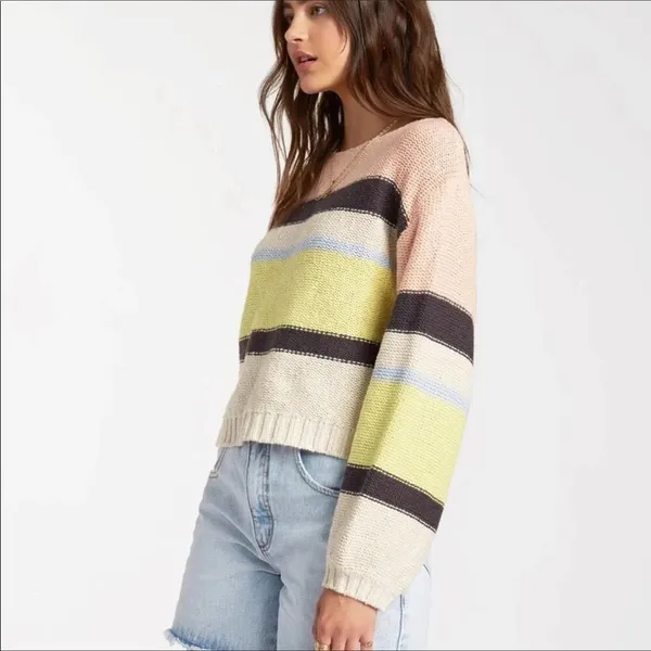 Billabong Seeing Stripes Chunky Knit Striped Sweater Top Slouchy Long Sleeve v6x - Image 3