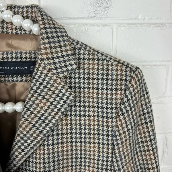 Zara Wool Blend Brown Houndstooth Knit Blazer Jacket Size XS - Image 10